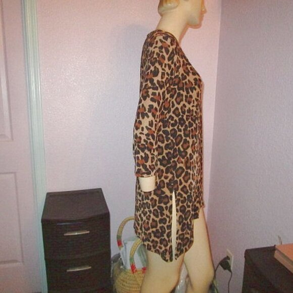 Y2K Vtg Embellished Tunic Top Size S Asymmetrical Leopard 3/4 Sleeve Jersey Knit - Picture 5 of 10
